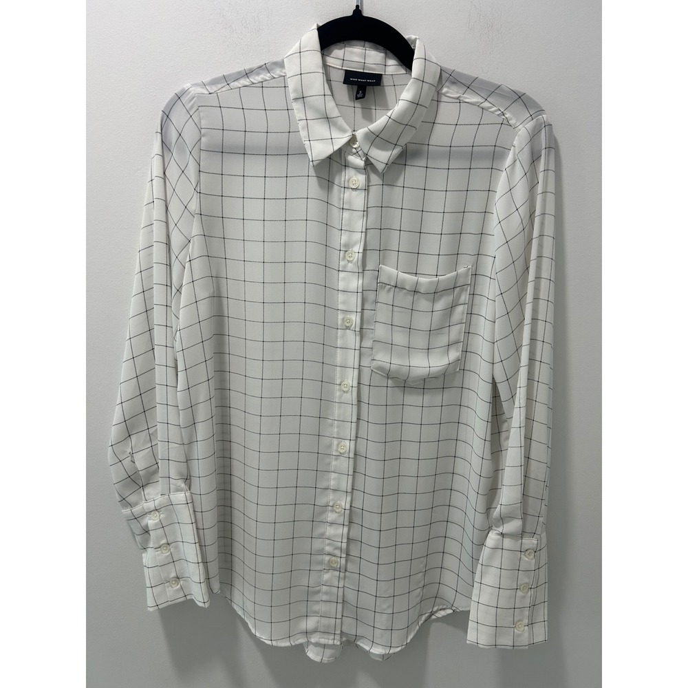 Who What Wear Womens Windowpane Grid Button Down Shirt White Black Small